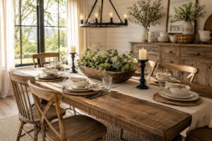 Easy rustic dining room table with farmhouse decor, linen runner, candles, and greenery