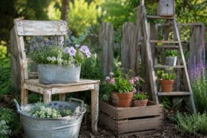 10 Easy Vintage Garden Projects for a Charming Outdoor Space Vintage chair, ladder, wooden crate, and galvanized tub used in a charming cottage garden.