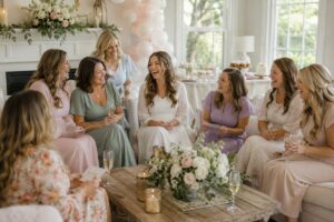Women laughing while playing funny bridal shower games during a modern bridal shower party.
