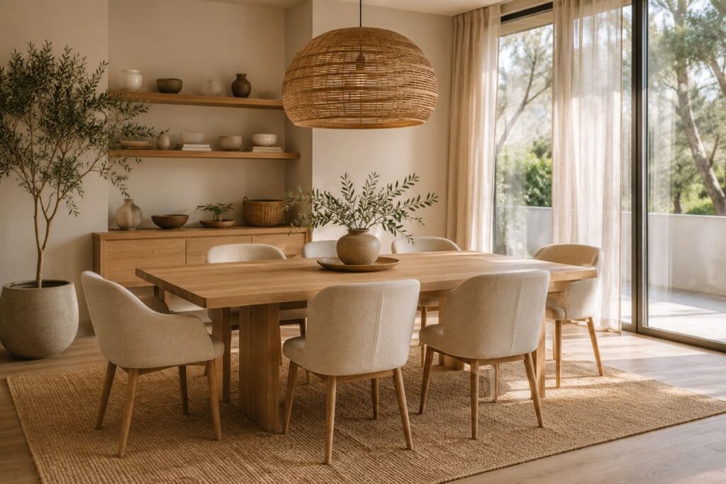 Beautiful Japandi dining room with light oak table, linen chairs, and woven pendant light
