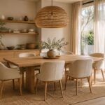 Beautiful Japandi dining room with light oak table, linen chairs, and woven pendant light