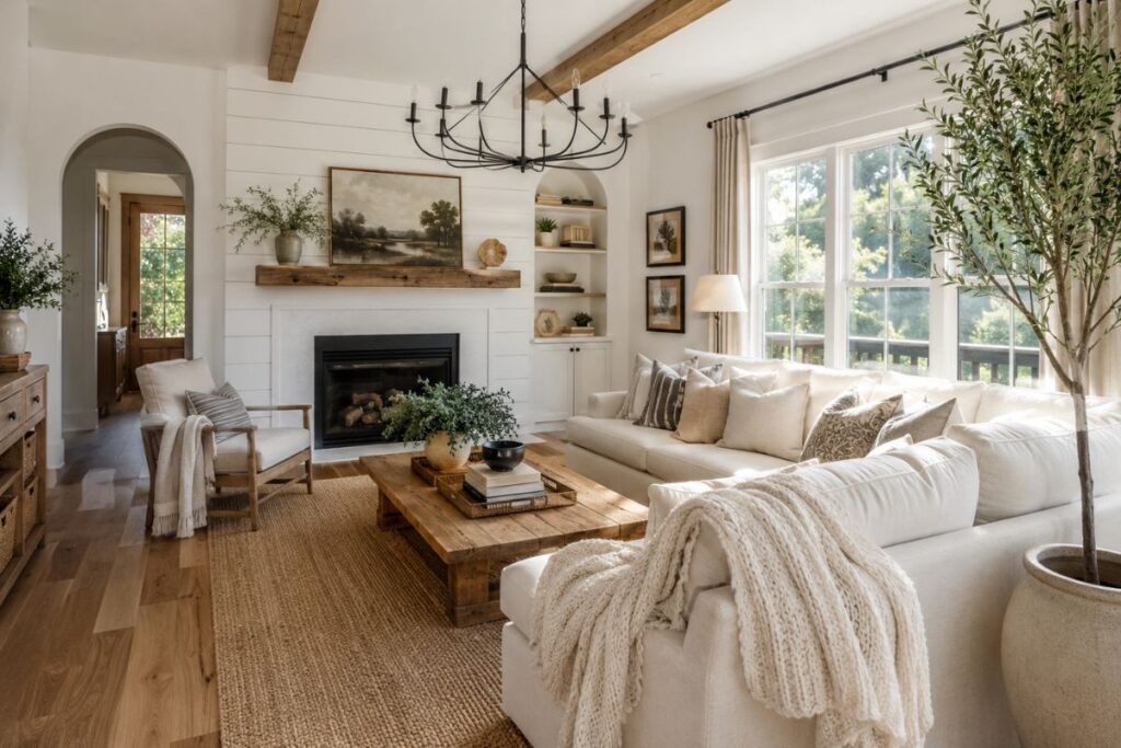 Joanna Gaines decorating ideas featuring a cozy modern farmhouse living room with natural wood furniture and neutral decor