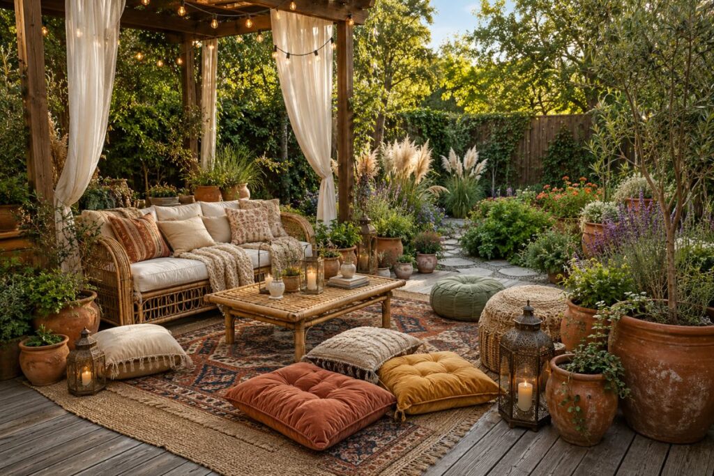 Beautiful bohemian garden with cozy seating, layered rugs, string lights, terracotta pots, and lush greenery.