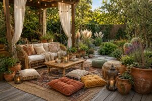 18 Bohemian Garden Ideas You’ll Want to Copy This Year Beautiful bohemian garden with cozy seating, layered rugs, string lights, terracotta pots, and lush greenery.