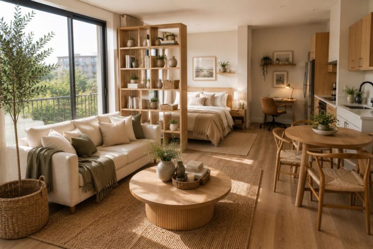 Modern one room apartment layout with separate living and sleeping areas