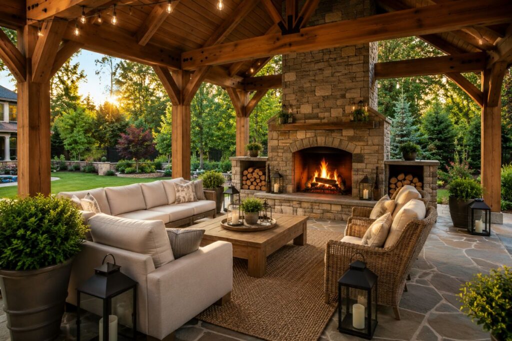 Beautiful outdoor pavilion with a stone fireplace, comfortable seating, and warm lighting in a modern backyard.