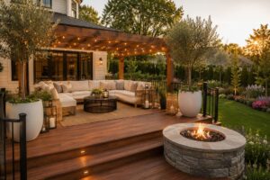 14 Inspiring Patio Backyard Deck Designs You’ll Want to Copy Luxury American backyard featuring a modern cedar patio deck with a pergola, cream outdoor furniture, warm lighting, beautiful landscaping, and a cozy fire pit, showcasing inspiring patio backyard deck designs.
