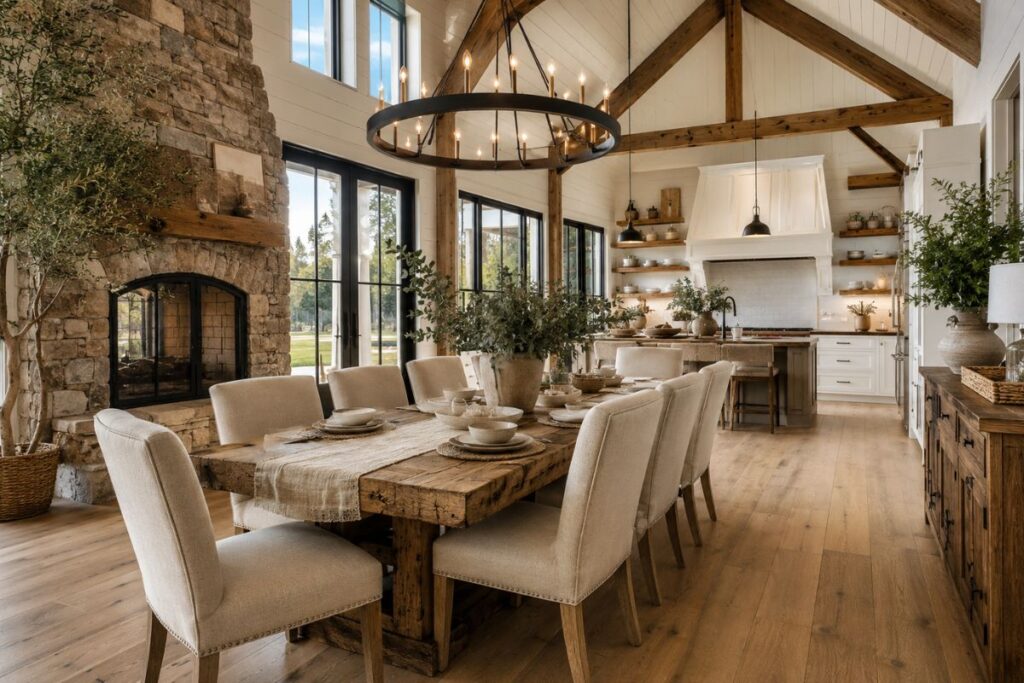 Perfect barndominium dining room with rustic farmhouse table and exposed wood beams