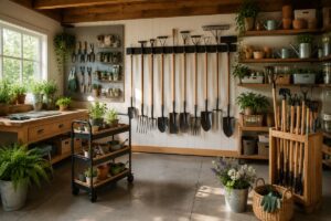 Perfect garden tools organization ideas in a clean wooden garden shed with neatly stored gardening tools.