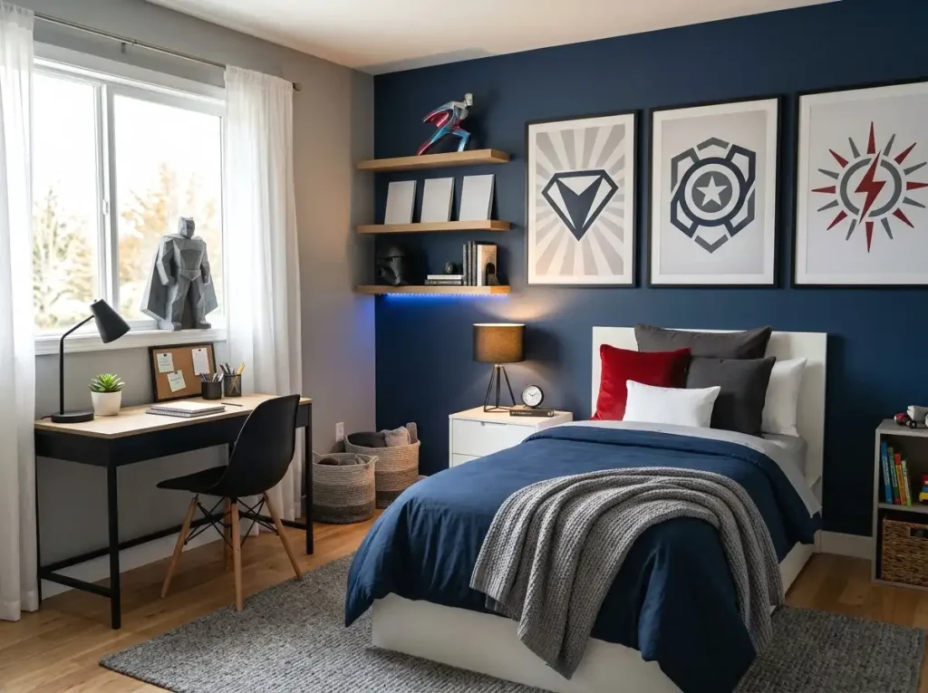 Modern superhero-inspired kids bedroom with navy blue decor, comic-inspired artwork, wooden shelves, LED lighting, and organized furniture.