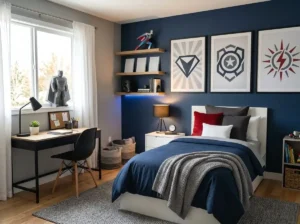 Modern superhero-inspired kids bedroom with navy blue decor, comic-inspired artwork, wooden shelves, LED lighting, and organized furniture.