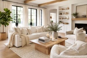 Perfect white living room decor with a cozy white sofa, warm wood furniture, and natural textures