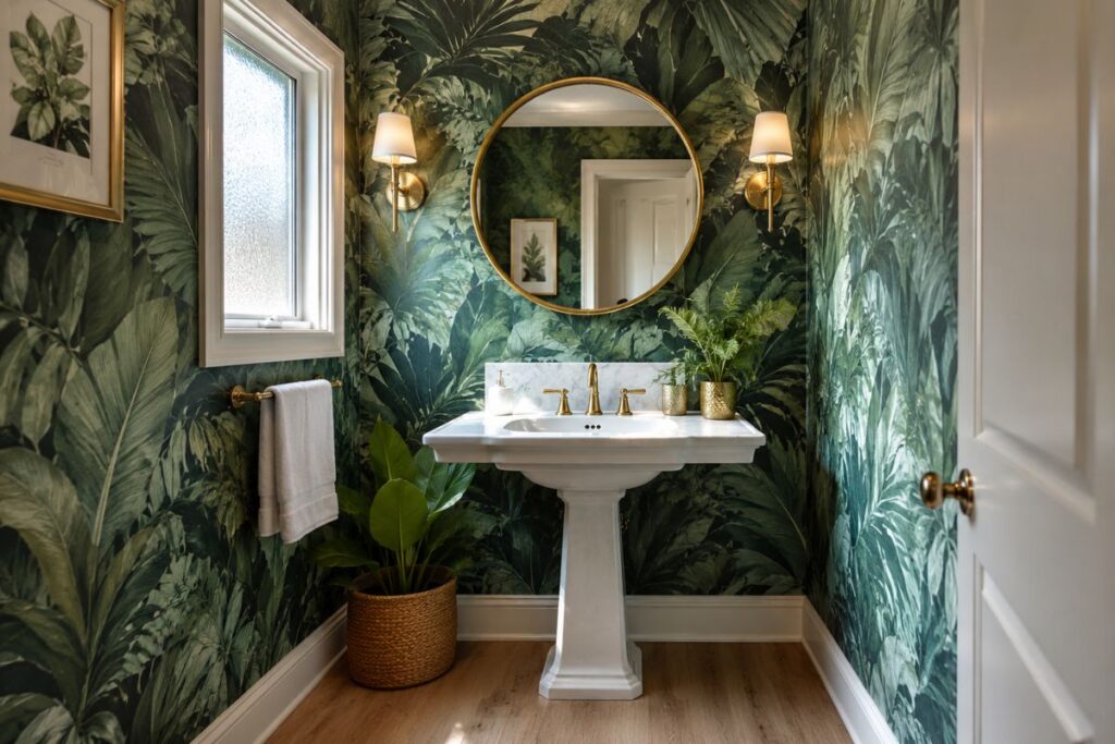 Elegant powder room with botanical wallpaper and gold mirror