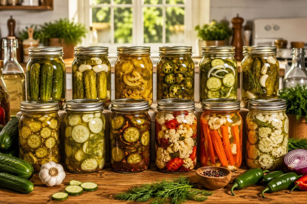 Homemade refrigerator pickle recipes in glass mason jars with fresh cucumbers and herbs