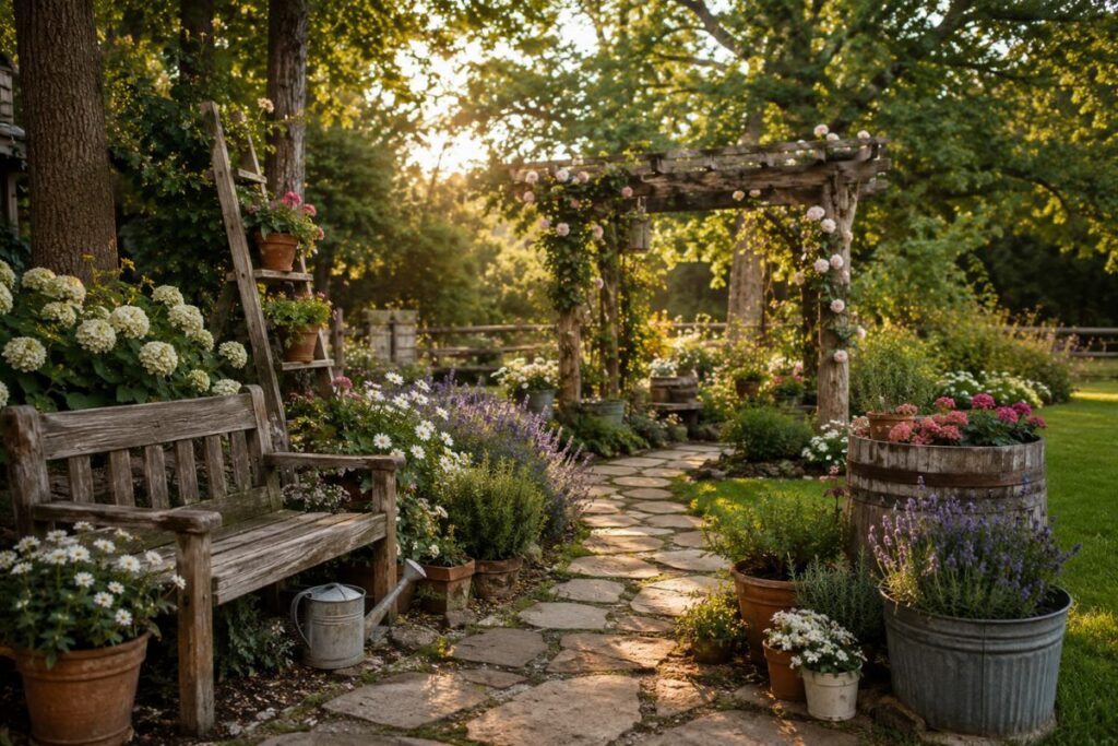 Rustic garden with reclaimed wood bench, stone pathway, vintage planters, and blooming flowers