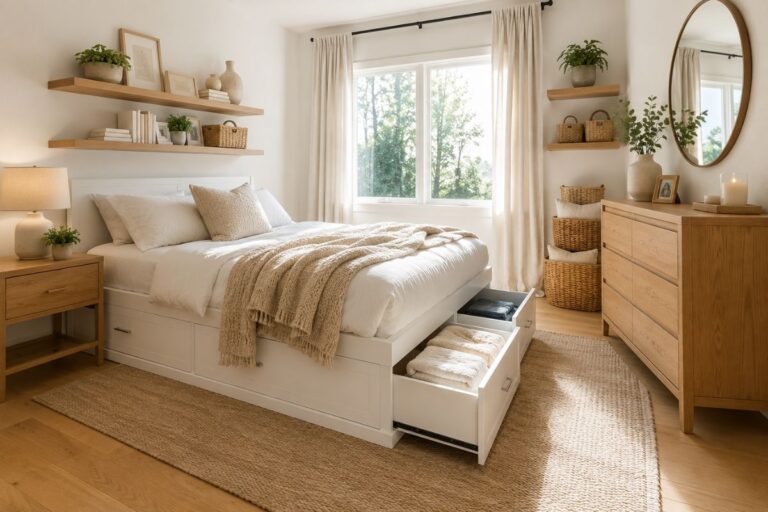 Small bedroom with a storage bed, floating shelves, woven baskets, and smart organization ideas that maximize every inch of space.
