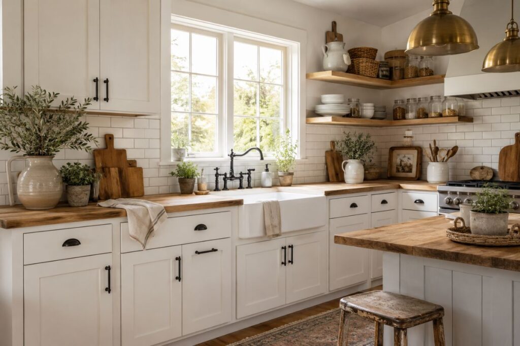 Small farmhouse kitchen with white shaker cabinets, butcher block countertops, open wood shelves, and rustic farmhouse decor.