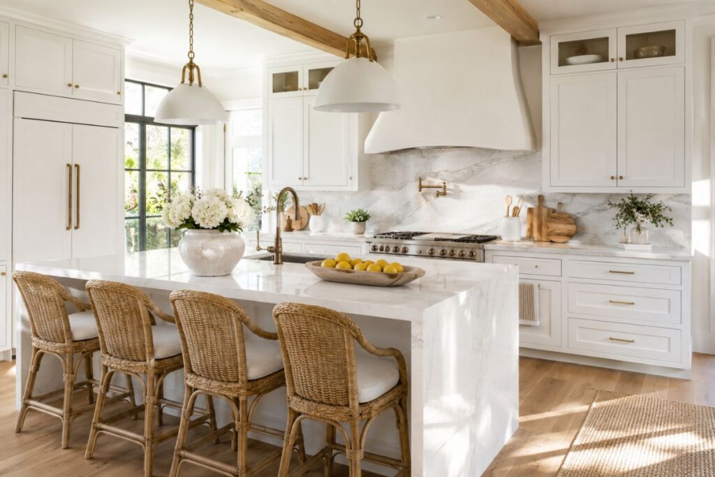 Stunning all white kitchen with waterfall island, marble backsplash, and warm wood accents