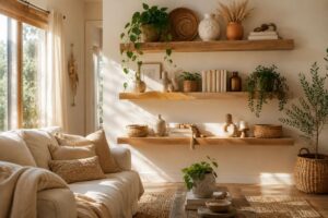Stunning boho shelf decor ideas with plants, pottery, baskets, candles, and wooden shelves.