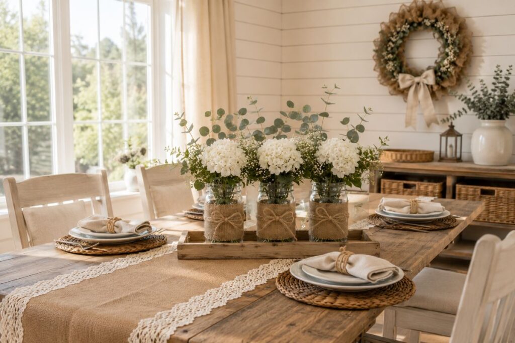 Beautiful farmhouse dining room decorated with burlap table runner, burlap mason jars, rustic wreath, woven baskets, and neutral home decor.