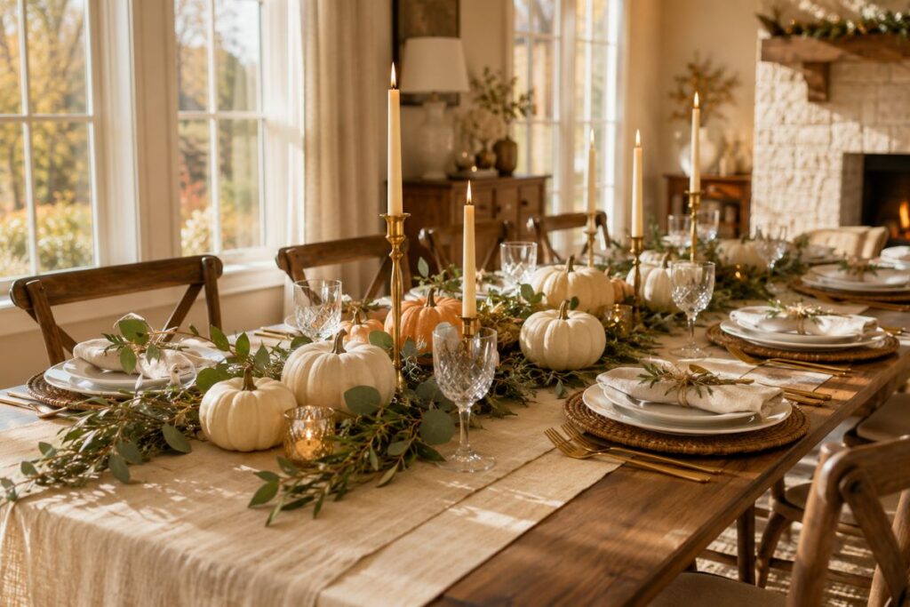 Stunning Thanksgiving decoration table setting with pumpkins candles and elegant fall decor