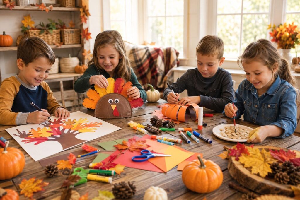 Kids making colorful Thanksgiving crafts together at a wooden table with paper turkeys, handprint trees, pumpkins, and fall decorations.