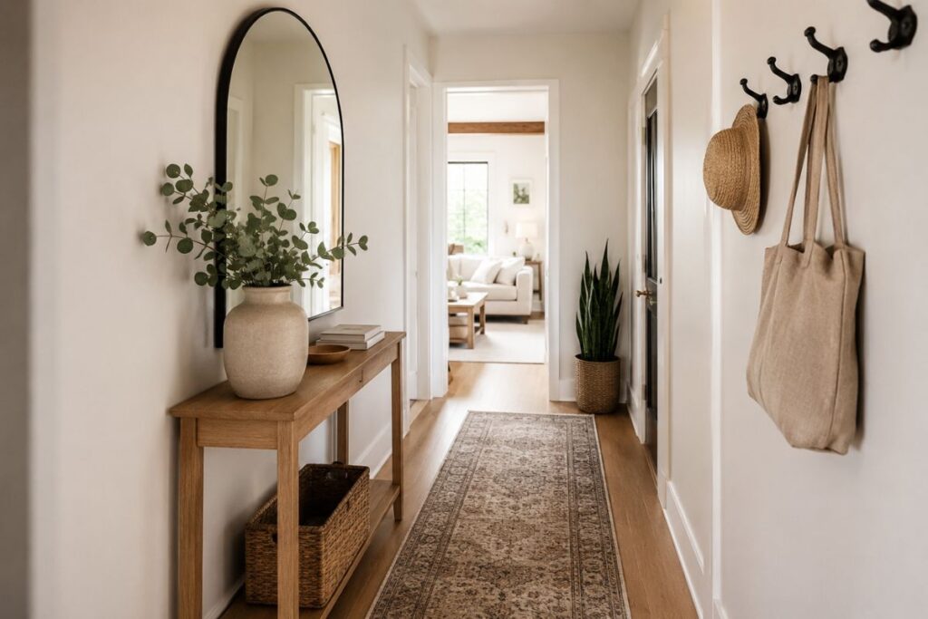 Tiny hallway ideas with modern storage, mirror, and runner rug