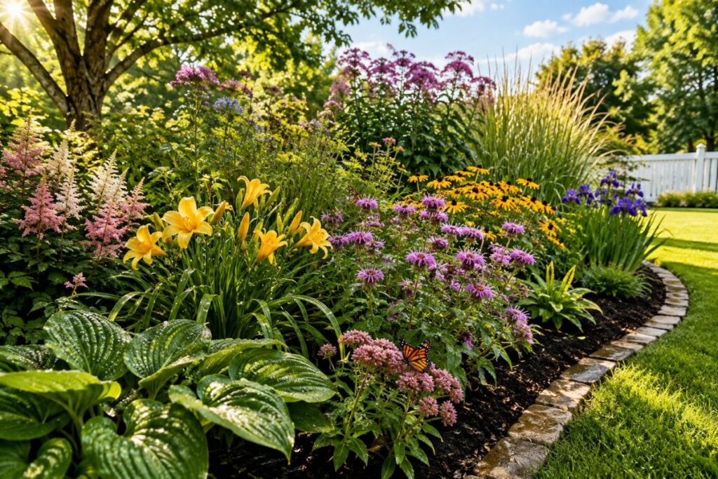 Beautiful garden filled with plants that thrive in clay soil with poor drainage, including hostas, daylilies, bee balm, and ornamental grasses.