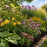 Beautiful garden filled with plants that thrive in clay soil with poor drainage, including hostas, daylilies, bee balm, and ornamental grasses.