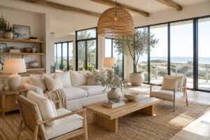 Bright California coastal living room with white linen sofa, light oak furniture, woven pendant lighting, large windows, and natural textures.