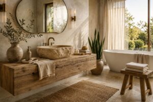Inspiring wabi sabi bathroom design with natural stone sink, reclaimed wood vanity, and earthy neutral decor.