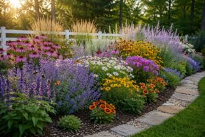 Long-blooming perennials creating a colorful cottage garden with flowers blooming from spring through fall.