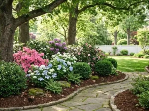 Beautiful shade loving shrubs growing beneath mature oak trees in a lush backyard garden with colorful flowering and evergreen shrubs.