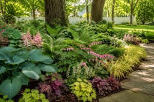 A lush American shade garden filled with hostas, astilbe, coral bells, ferns, and bleeding hearts growing beneath mature trees.