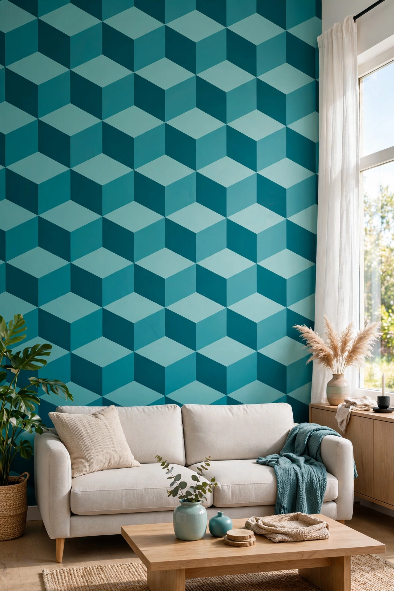 Living room wall with 3D cube optical illusion pattern in teal shades