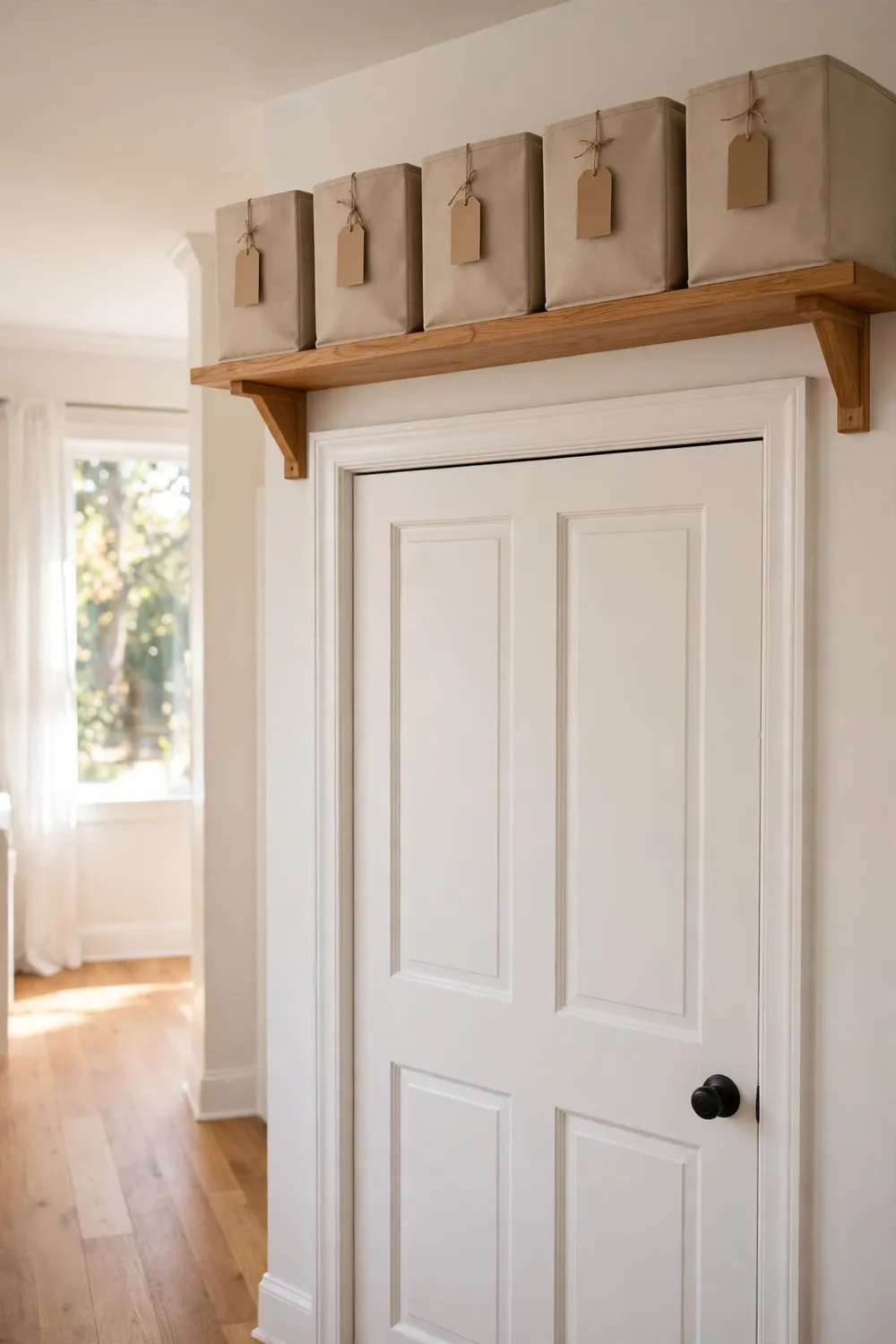 Wooden shelf mounted above a closet door holding labeled storage bins