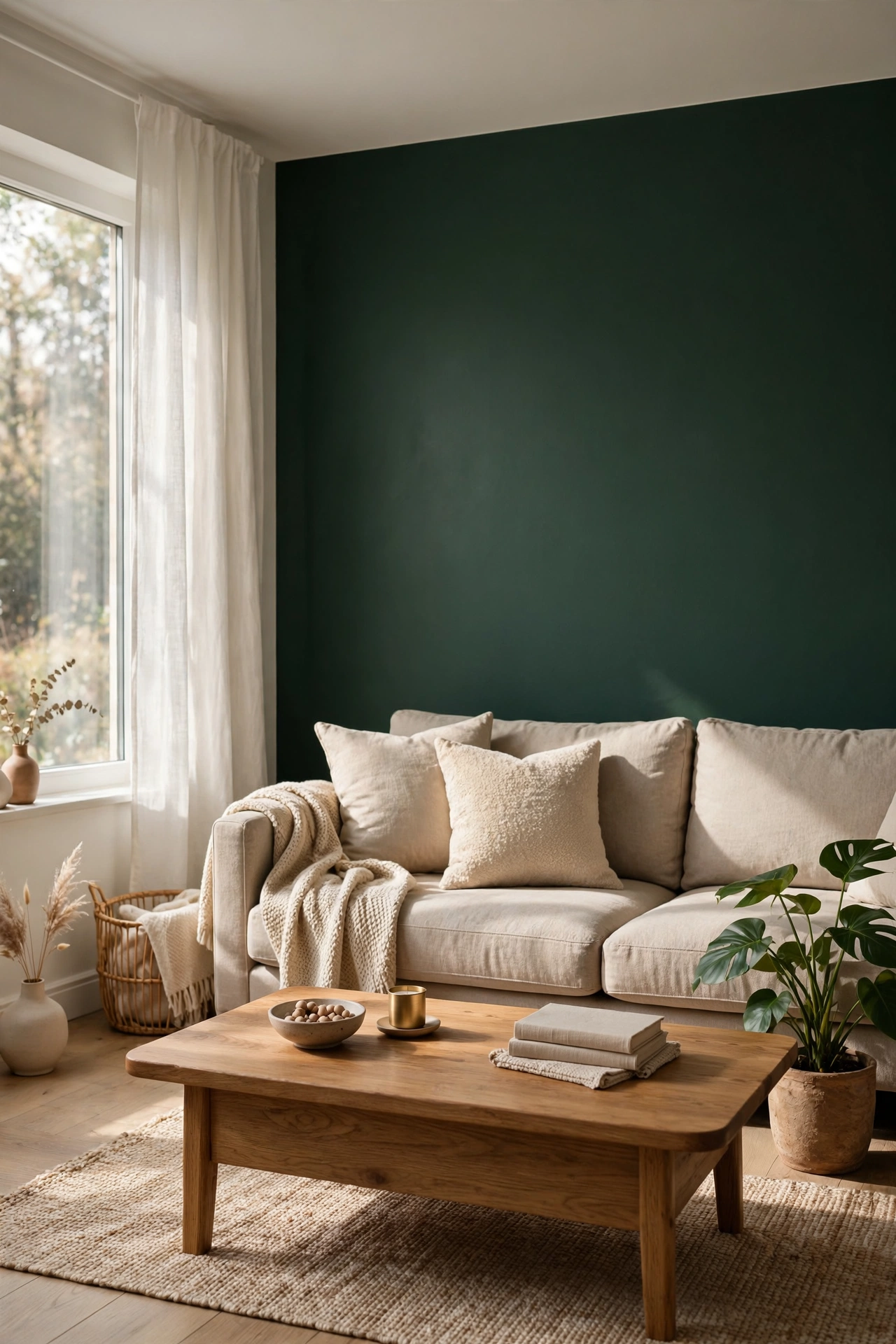 Living room with a deep forest green accent paint wall behind a neutral sofa