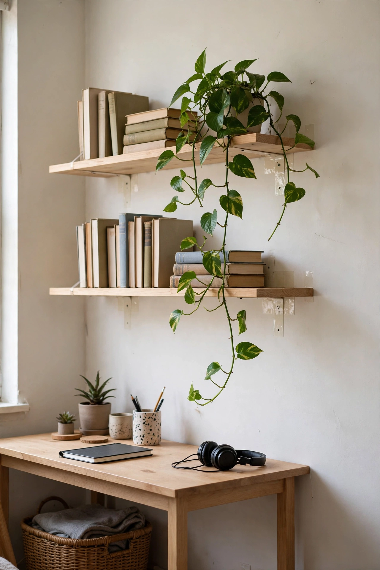 Rental home office wall with floating shelves mounted on heavy-duty adhesive strips