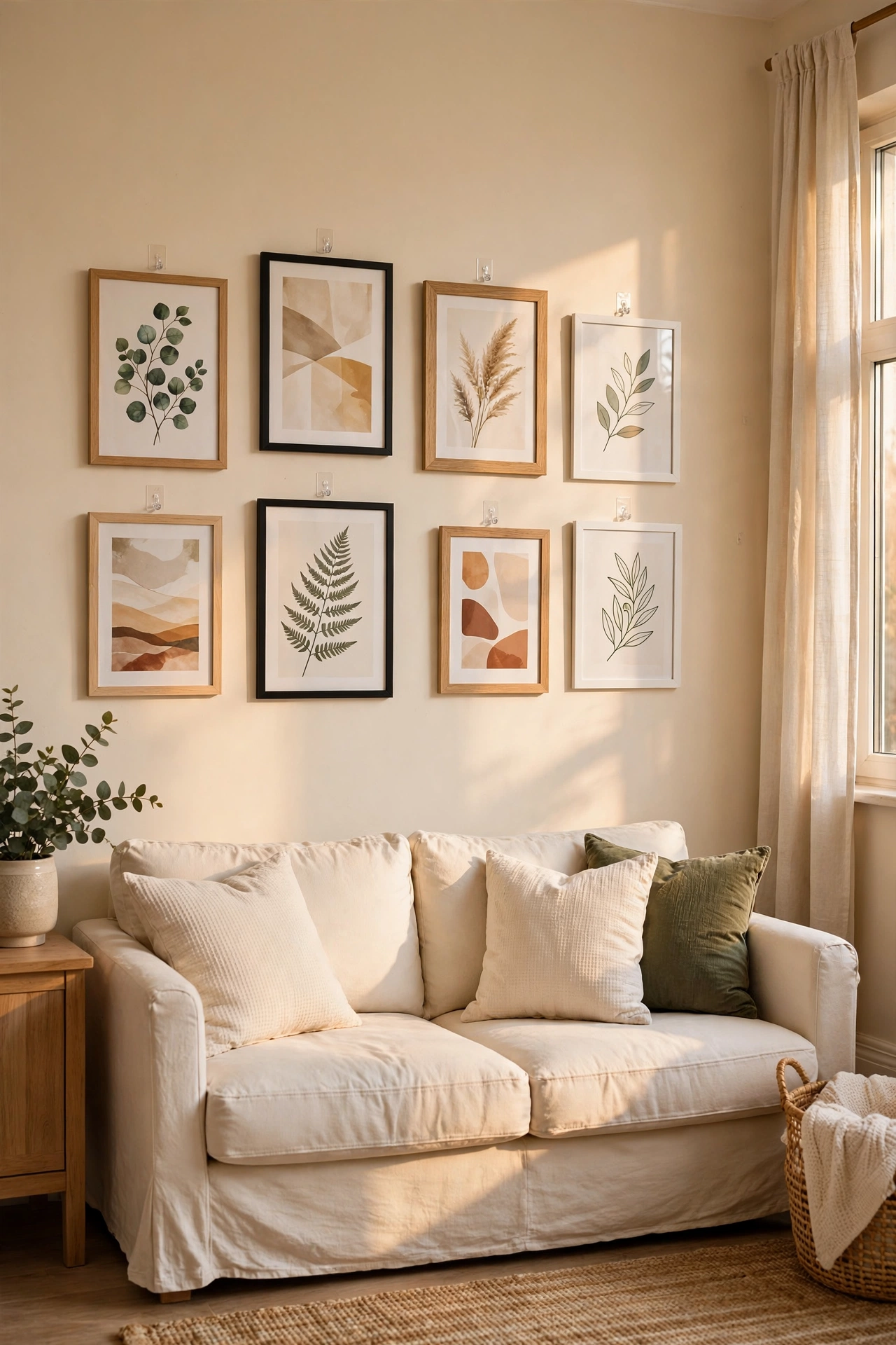 Rental living room gallery wall of framed art hung with damage-free adhesive hooks