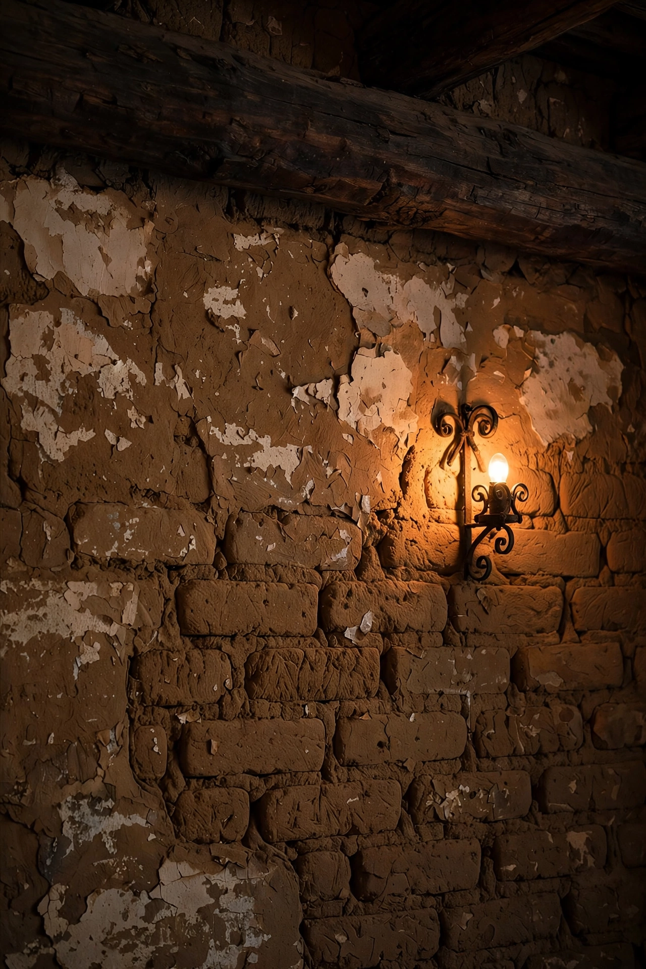 Interior wall of exposed adobe bricks with worn plaster patches and iron sconce
