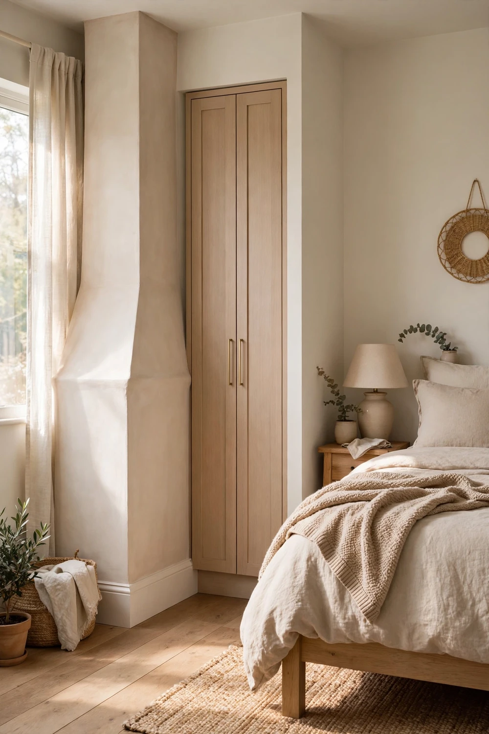 Small bedroom with slim fitted wardrobe built into an alcove beside a chimney breast