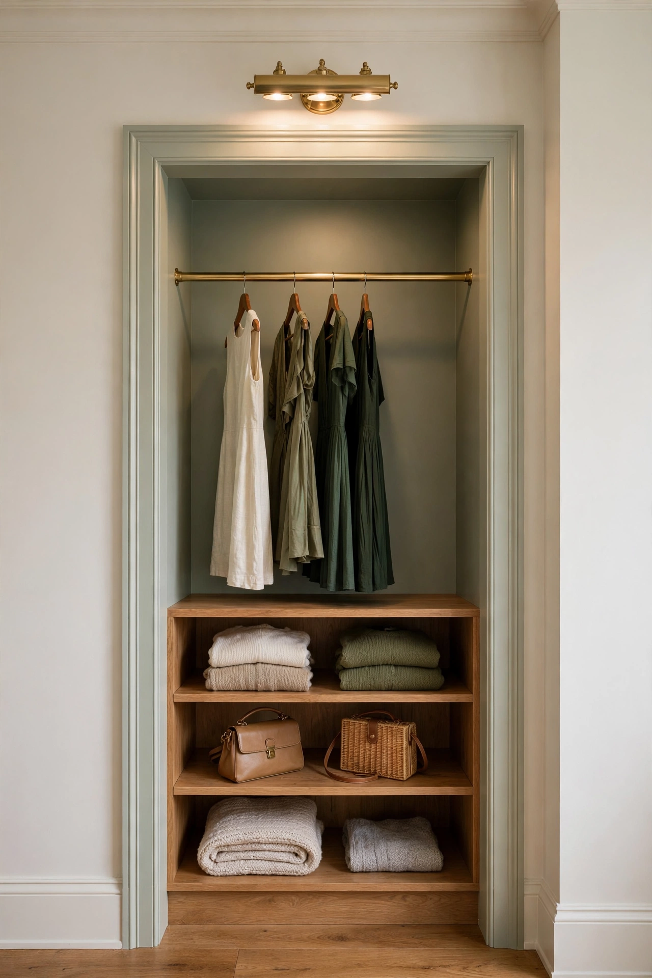 Open closet set into a sage green wall alcove with brass rod and wooden shelves