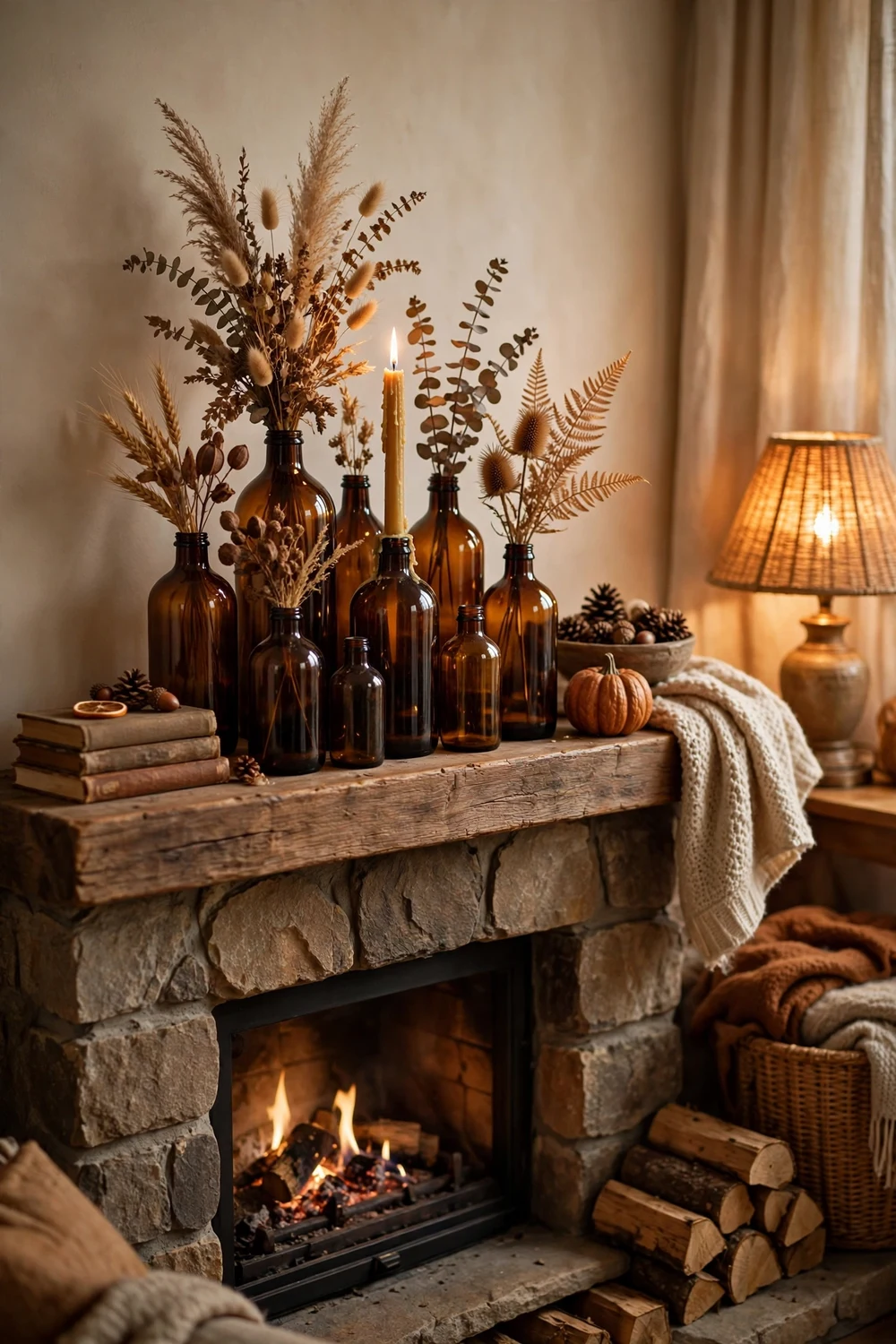 Collection of amber glass bottles with dried stems on a cozy fall mantel