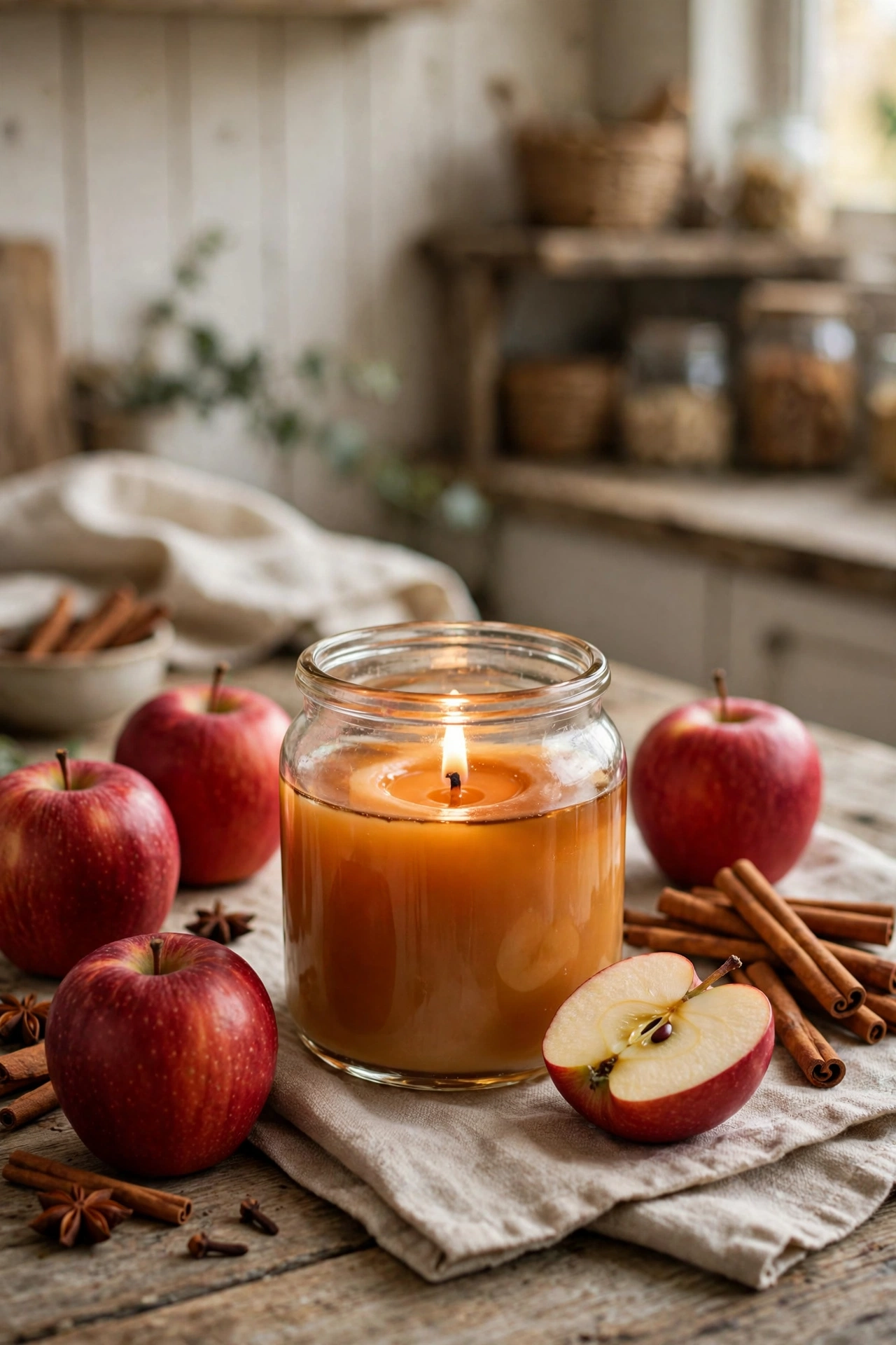 Warm apple pie scented candle in a glass jar with red apples and cinnamon