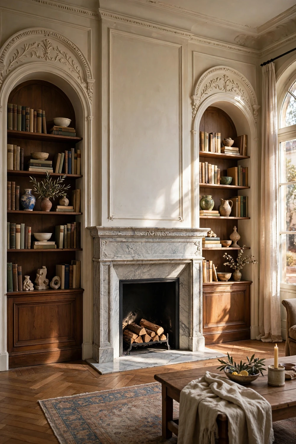 Arched alcoves with built-in bookshelves flanking an elegant fireplace