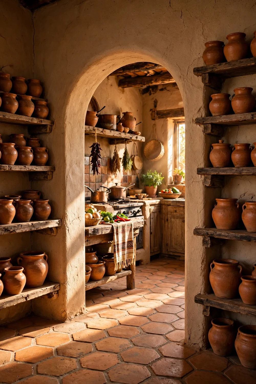Arched clay doorway with clay pots in a Mexican style kitchen