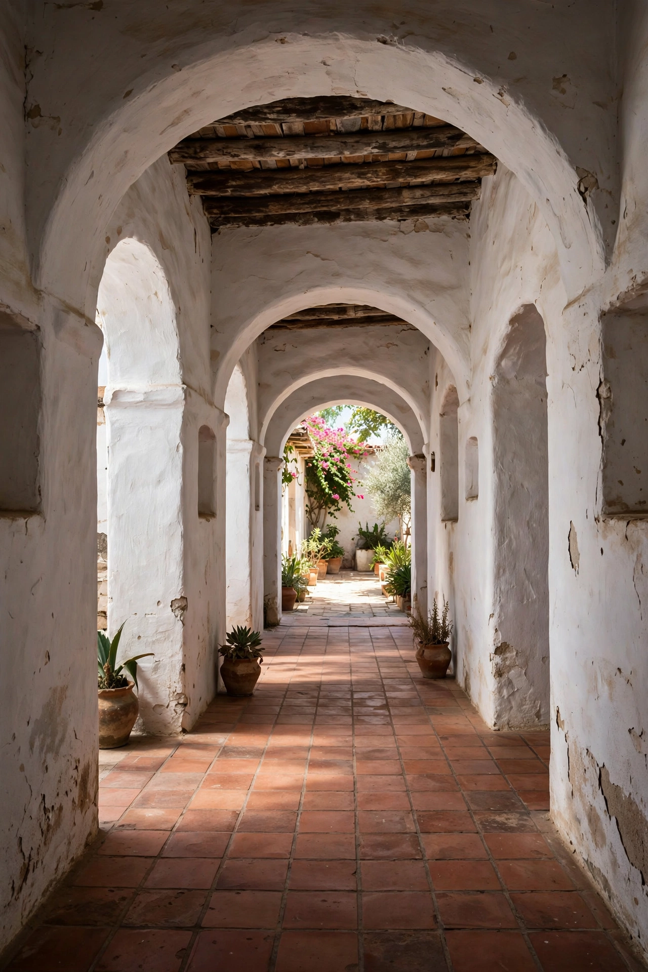 Hallway with rounded arched doorways in thick plaster walls leading to a sunlit courtyard