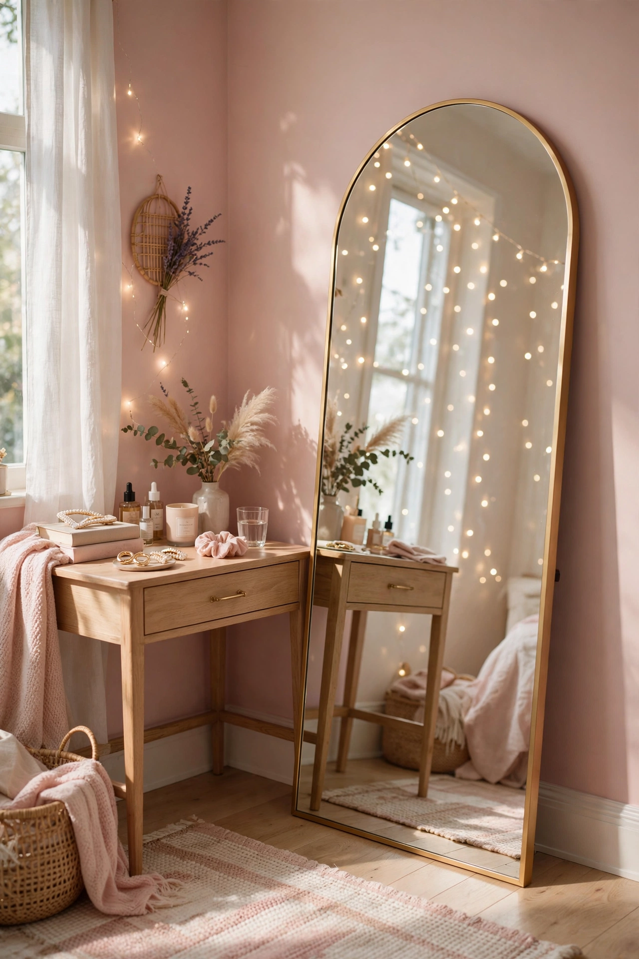 Arched floor mirror leaning against a blush pink wall reflecting fairy lights in a teen bedroom