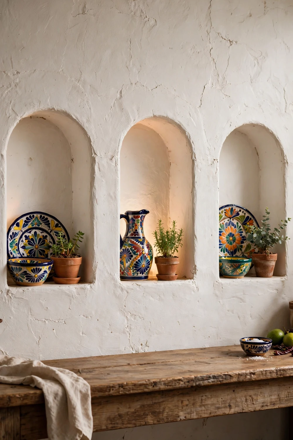 Arched plaster wall niches displaying clay pottery in a Mexican kitchen