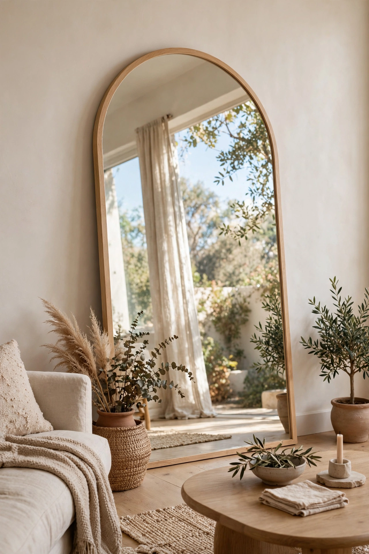 Large arched mirror with thin wood frame leaning against a living room wall